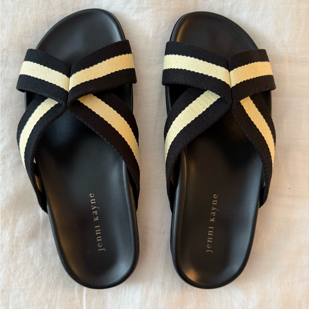 Jenni Kayne Cotton Crossover Sandal - Black and Cream Cross-Strap Slides